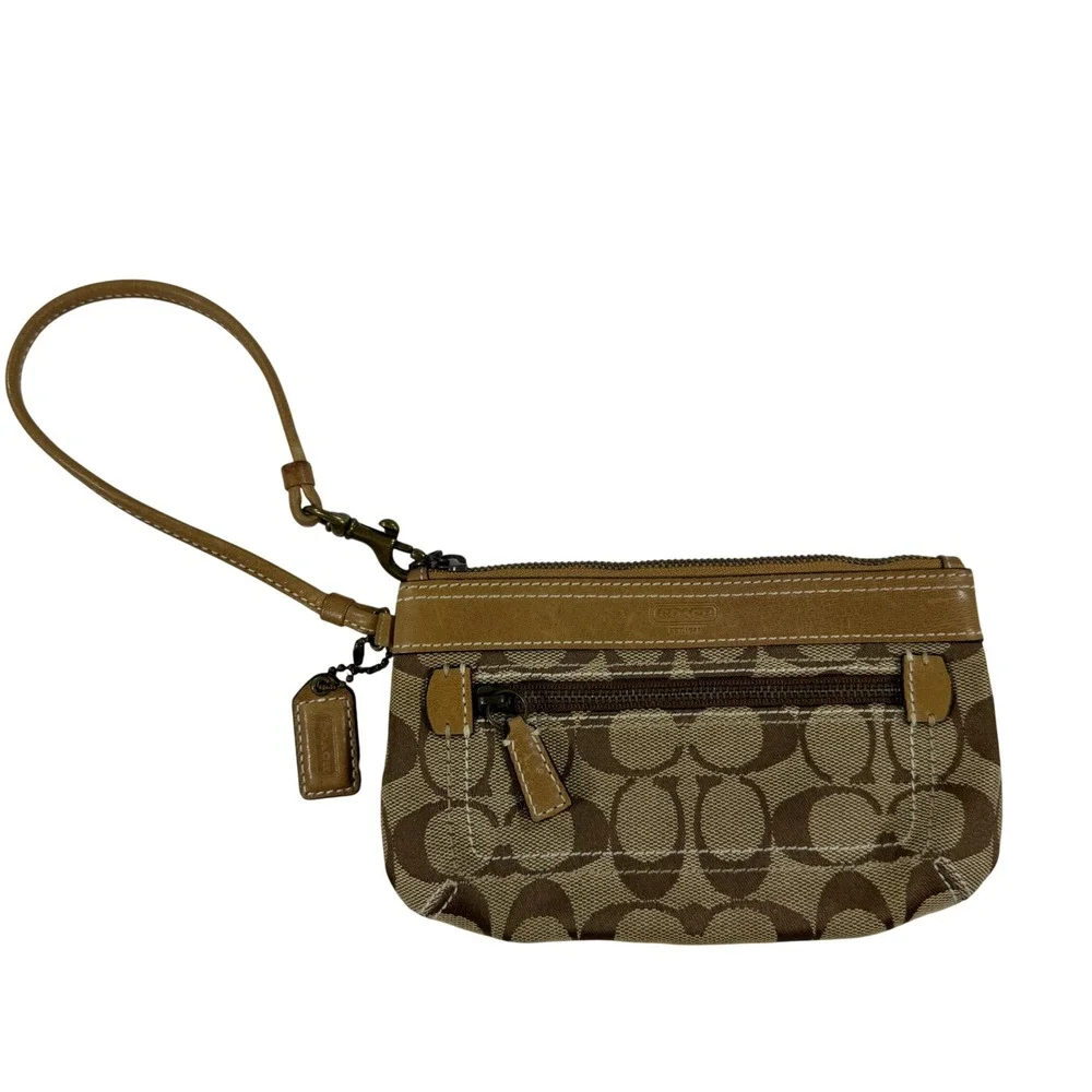 Vintage Coach Signature C Jacquard Wristlet Khaki Brown Canvas Leather Trim